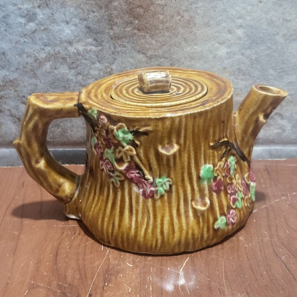 Vintage Wooded Log Cherry Blossoms Ceramic Tree Teapot Japan 4.25"